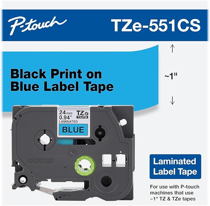 Brother Genuine P-touch, TZe-551CS, 0.94” x 26.2’, Black on Blue Laminated Label Tape