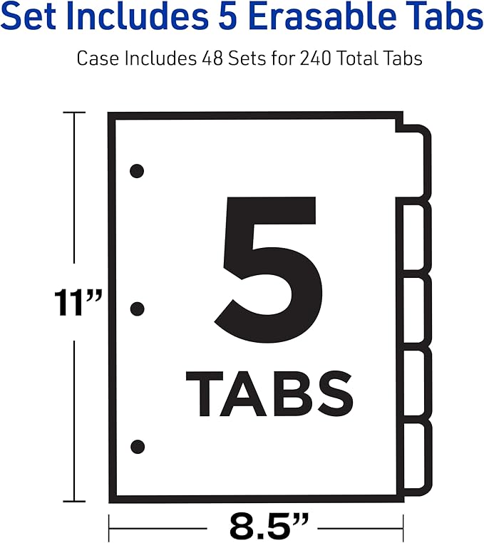 Avery Big Tab Write & Erase Dividers for 3 Ring Binders, 5-Tab Sets, Multicolor Divider Tabs, Great for Organizing Projects, Reports, Finances, and More (48-Pack of 23076)