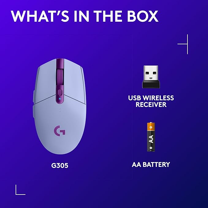 Logitech G305 Lightspeed Wireless Gaming Mouse, Hero Sensor, 12,000 DPI, Lightweight, 6 Programmable Buttons, 250h Battery, On-Board Memory, Compatible with PC, Mac - Lilac