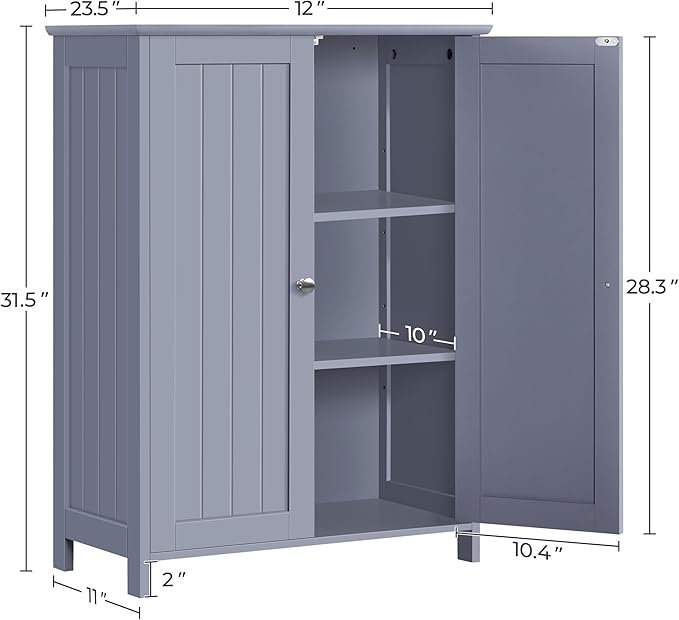Yaheetech Bathroom Floor Cabinet, Modern Storage Freestanding Organizer Cabinet with Adjustable Shelves & Double Doors, 3-Tier Home Living Room Furniture, Gray