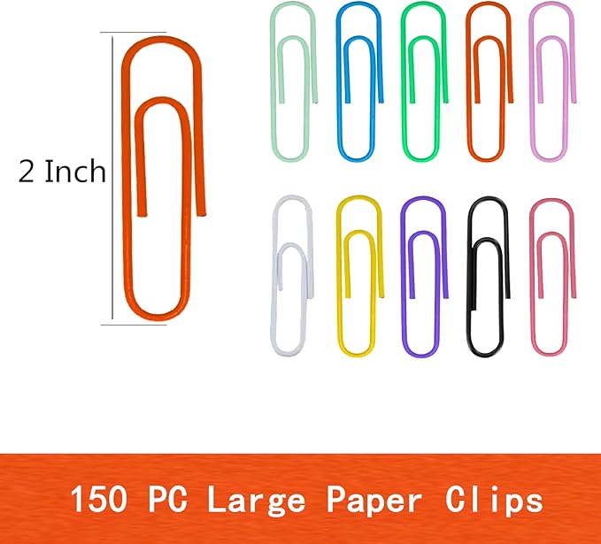 150 Pcs 2 Inch/50mm Large Paperclips,Assorted Colored Coated Big Paper Clips for School Office and Everyday Use