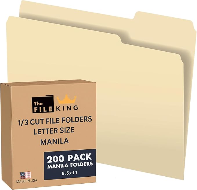 The File King 1/3 Cut File Folders Letter Size - 200 Bulk Pack | Manilla Folders 8.5 x 11 | Assorted 3 Tabs | Heavy Duty 11-Point Fiber | Made in USA | Undercut Front for Easy Labeling & Organization