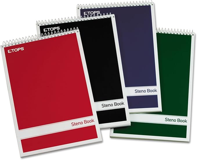 TOPS Steno Books, 6" x 9", Gregg Rule, Green Tint Paper, Assorted Color Covers, 80 Sheets, 4 Pack (80221)