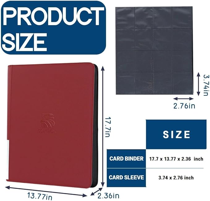16 Pocket Trading Card Binder,Zipper Card Holder Album Holds up to 1408 Cards with 44 Sleeves, Label Design，Card Collection Binder for TCG Card/Game Cards/Sports Card -Red