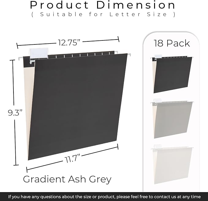 Y YOMA 18 Pack Gradient Hanging File Folders Letter Size Decorative Hanging Folder Pretty File Folder Organizer for Filing Cabinet Office Home with 1/5-Cut Adjustable Tabs, Ash Grey