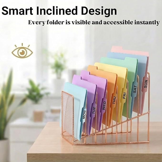 Simmer Stone Rose Gold Desk Organizer 7 Slot Inclined Vertical File Folder Holder Sorter with Mesh Front – Metal Wire Rack for Mail, Slim Binders, Books Office Organization & Desktop Accessories