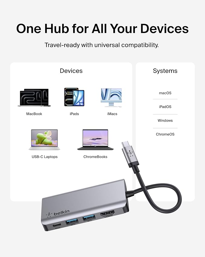 Belkin USB C Hub, 4-in-1 Multi-Port Laptop Dock with 4K HDMI, USB C Docking Station with 100 Watt Pass-Through Power Delivery, 2 X USB A Ports For MacBook Pro, Air, iPad Pro, Chromebook and More