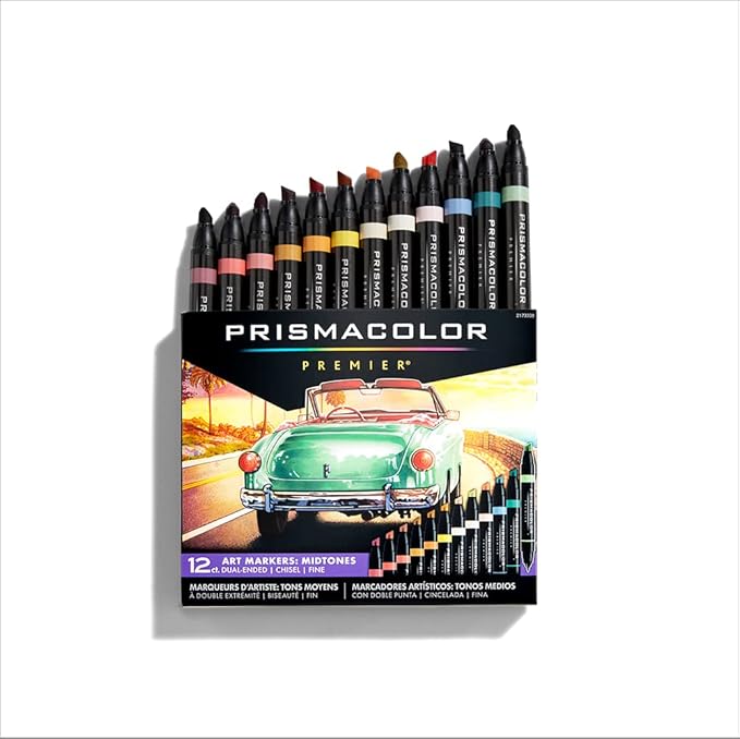 Prismacolor Premier 12-Count Dual-Ended Art Markers, Chisel and Fine Tips, Mid-Tone Colors, Professional Quality for Artists