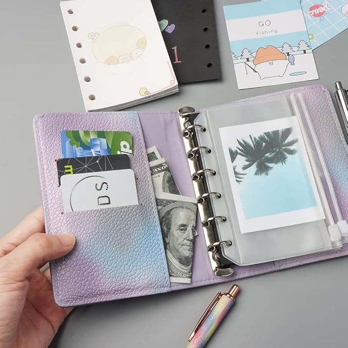 Purple PU Leather Budget Binder Cover, for A7 6-Ring Money Organizer Budgeting Refillable Loose Leaf Receipt Binder Notebook Bookmark Planner Book with Card Pockets Snap Buckle