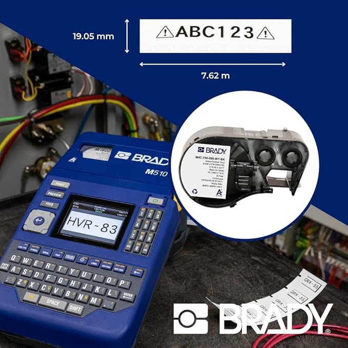 Brady Authentic (M4C-750-595-WT-BK) All-Weather Vinyl Labels 0.75 in W x 25ft Black on White. for use with BMP41, BMP51, M410, M510, and M511 Label Printers.
