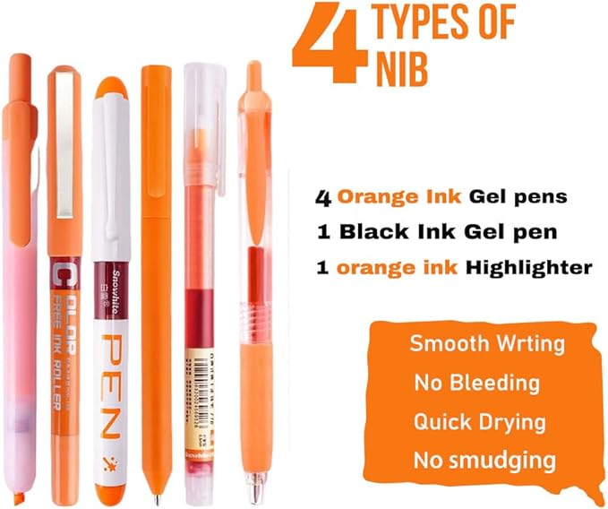 Orange and Black Ink Gel Pens Set with Journaling Highlighter, Fine Point 0.5mm Cute Colorful Gel Ink Pens for Office School, Note Taking, 5 Orange Ink, 1 Black Ink
