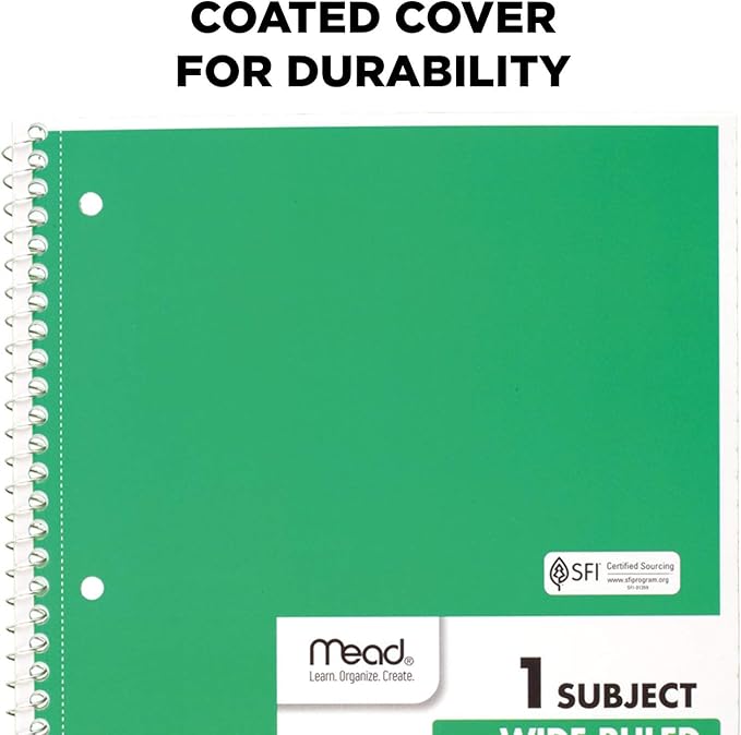 Mead Spiral Notebooks, 1 Subject, Wide Ruled Paper, 70 Sheets, 10-1/2 x 7-1/2 inches, Green, 4 Pack (38300)