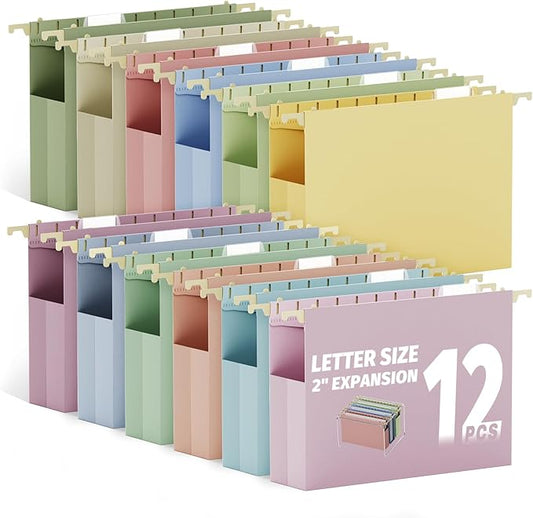 Ansook Letter Size Hanging File Folders Extra Capacity,Heavy Duty 2" Expansion File Folders Hanging with Tabs,Plastic File Cabinet Folders,12 Pack Pastel Desk File Organizer Folders for Office Home