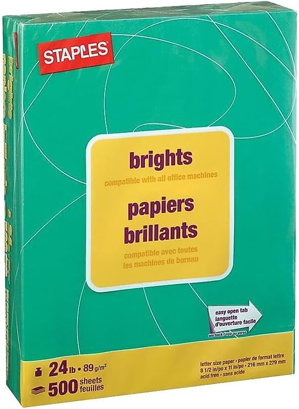 Staples Brights 24 Lb. Colored Paper Dark Green 500/Ream, For Office, School & Home