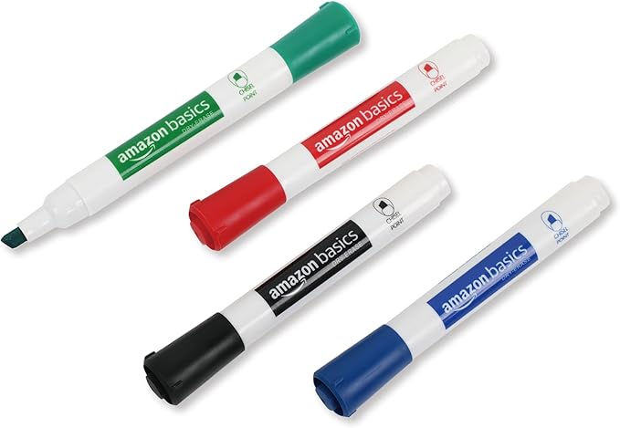 Amazon Basics Dry Erase Whiteboard Markers, Chisel Tip, Low-Odor, Assorted Colors, 4-Pack, Black, Red, Green, Blue