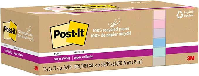 Post-it 100% Recycled Paper Super Sticky Notes, 3 in. x 3 in., 12 Pads, 70 Sheets per Pad, Wanderlust Pastels, New Year Organization or Second Semester School Supplies