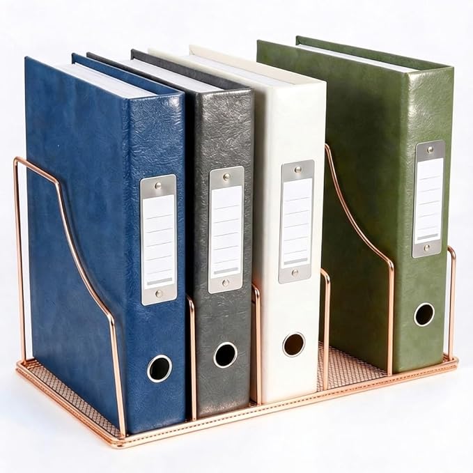 Simmer Stone Rose Gold Binder Organizer for Desk, 5 Slot Metal Wire Vertical File Sorter with Mesh Bottom, Desktop Magazine Holder Rack for 2 Inch Binders, Medical Coding Books, Vinyl Records, 12.1"