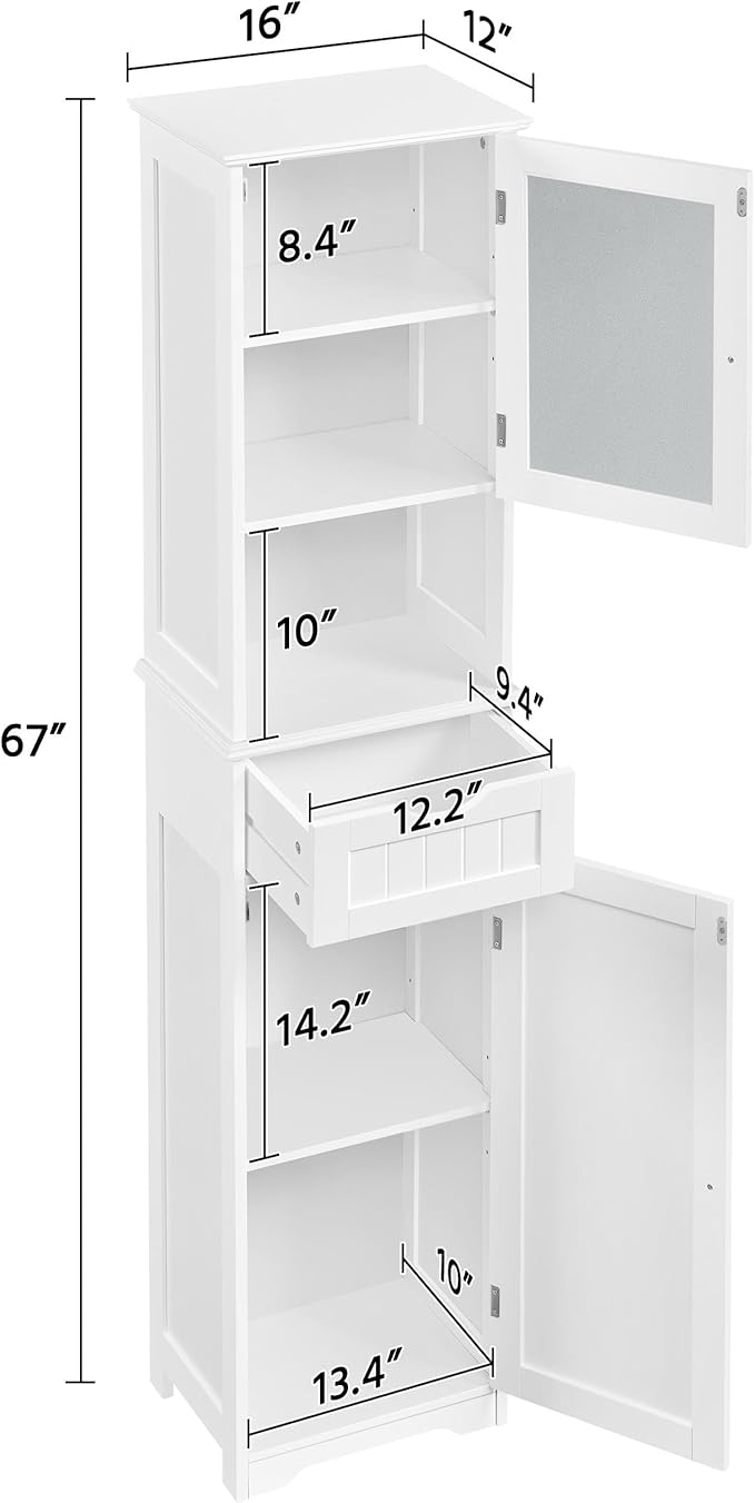 Yaheetech 67”Tall Bathroom Storage Cabinet,Narrow Floor Cabint with 2 Doors and 1 Drawer,Slim Bathroom Organizers,Adjustable Shelves,Storage Unit for Living Room, Entryway,Kitchen,White
