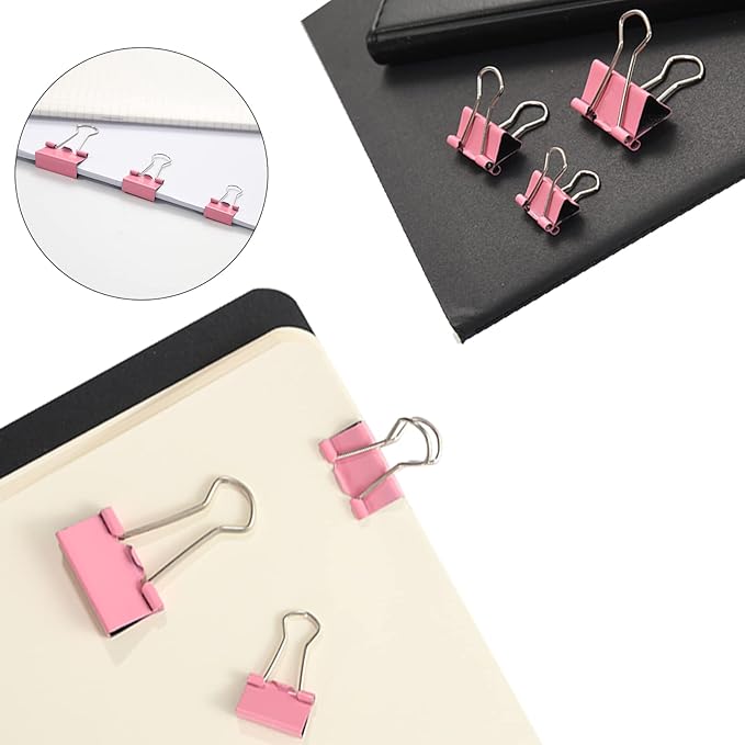 Pink Binder Clips Paper Clips,380 PCS Assorted Sizes Paperclips Paper Clamps Rubber Bands for Files, Papers, Home Supplies (Pink)