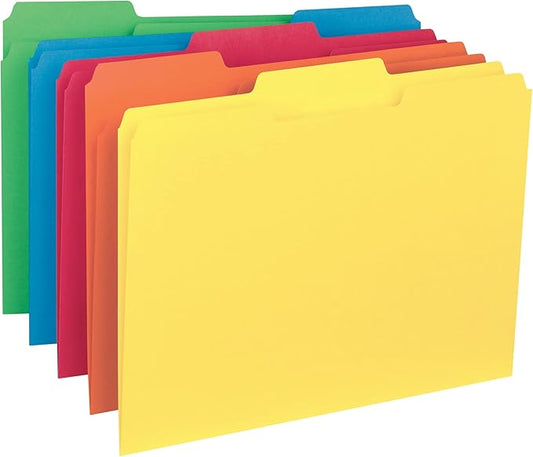 Smead Interior File Folder, 1/3-Cut Tab, Letter Size, Assorted Primary Colors, 100 per Box, Expandable File Folders for Filing Cabinet