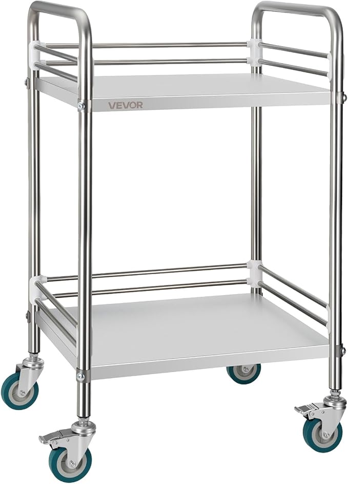 VEVOR Stainless Steel Rolling Cart, 2-Tier Metal Utility Cart with Lockable Wheels, Medical Serving Trolley Clinic Tray, Mobile Service Cart for Hospital, Lab, Restaurant, Kitchen, Salon
