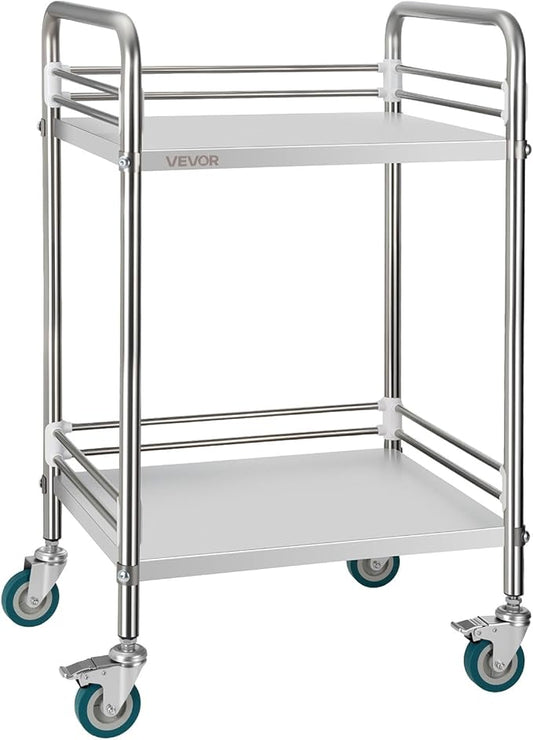 VEVOR Stainless Steel Rolling Cart, 2-Tier Metal Utility Cart with Lockable Wheels, Medical Serving Trolley Clinic Tray, Mobile Service Cart for Hospital, Lab, Restaurant, Kitchen, Salon