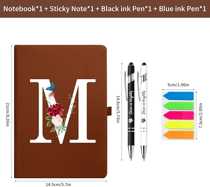 Premium Hardcover Executive Notebook and Pen Set - A5 Journal Notebook 192 Line Pages, 2 Smooth-Writing Ballpoint Pens, Arrow Sticky Notes - For Office School Supplies Letter A Floral Design DeepBlue