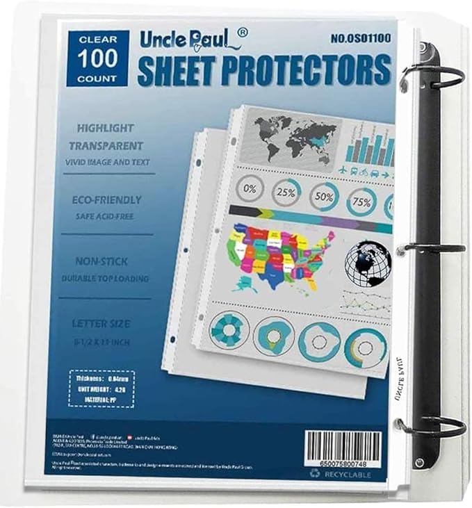 Sheet Protectors - 100 Sheets 4 mils Strong Extra Heavyweight Clear Top Load 8.5 x 11 Inch Highlight Transparent Acid-Free for 3 Ring Binder OS01100