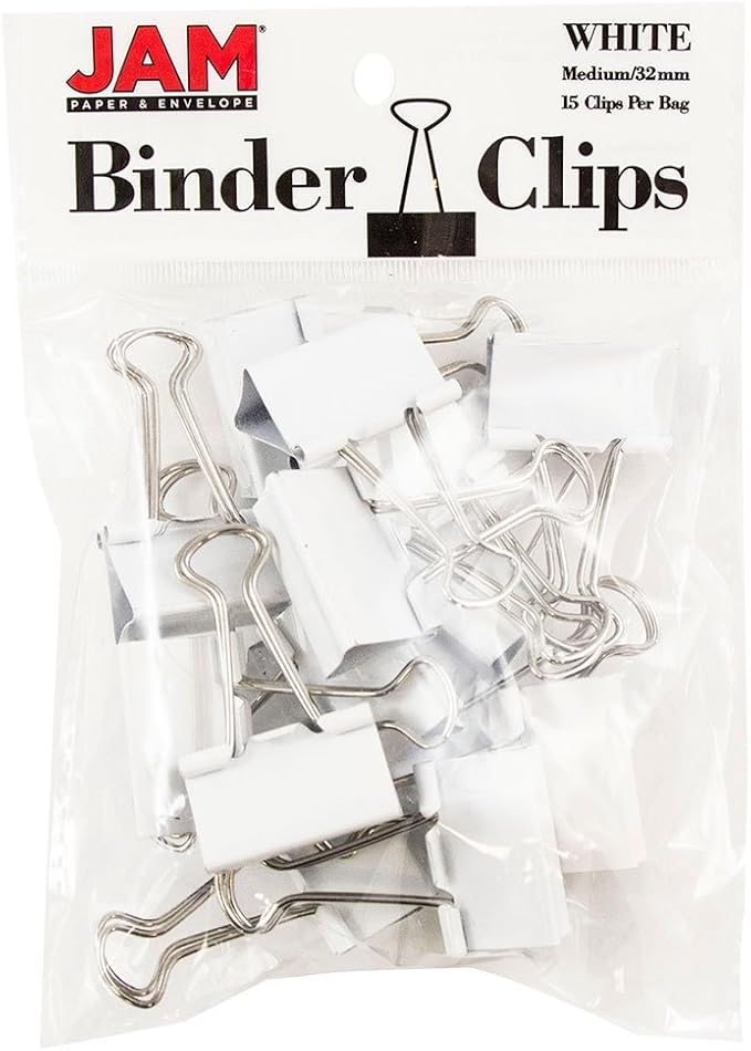 JAM PAPER Colorful Binder Clips - Medium - 1 1/4 Inch (32 mm) - White Binderclips - 15/Pack