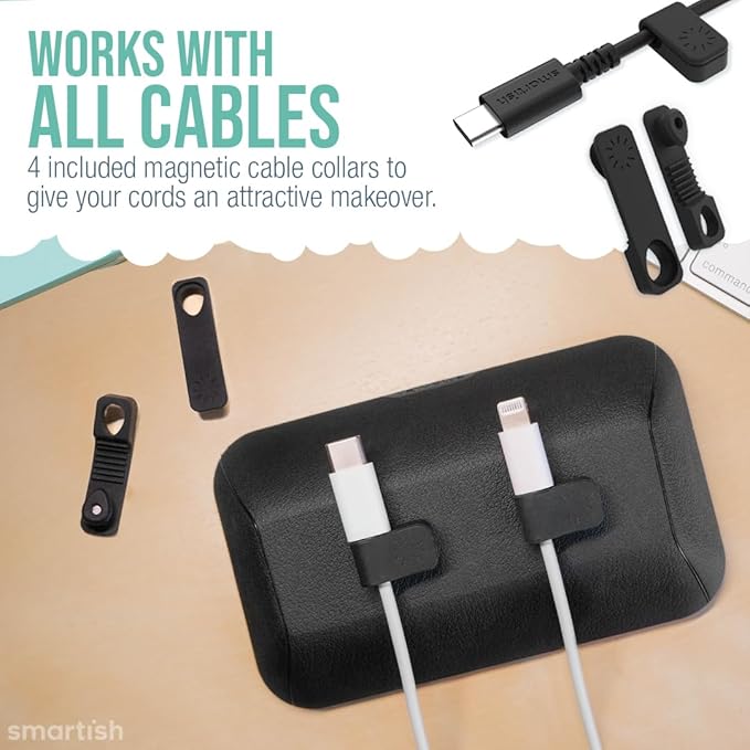 Smartish® Magnetic Cord Holder - Bigger Cable Wrangler Organizer with Magnet Clips for Charger Management on Desktop, Nightstand - Holds 6+ Cables - Black Tie Affair