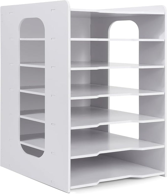 Paper Organizer Storage for Desk, 7 Tier Construction File Organizer Paper Sorter, Desktop Document Storage Holder for Home Office School, White