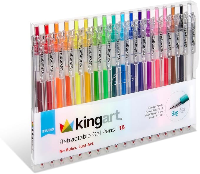 KINGART Retractable Gel Pens, 18-Count Set: Assorted Vibrant Gel Ink Colors for Ultra-Smooth Writing, Adult Coloring, Detailed Art, Journaling, Scrapbooking, and School Supplies.
