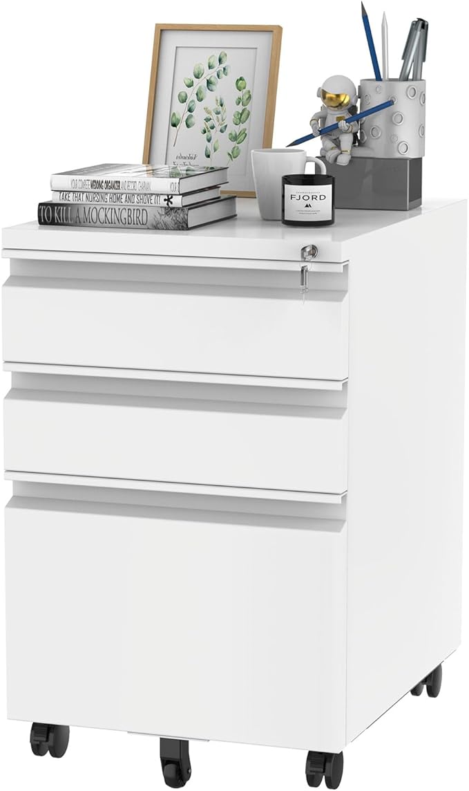 FLEXISPOT 3 Drawer Mobile File Cabinet for Home Office Under Desk Storage, Filing Cabinet with Lock Keys, File Organizer Cabinet for Legal/Letter/A4 File, White