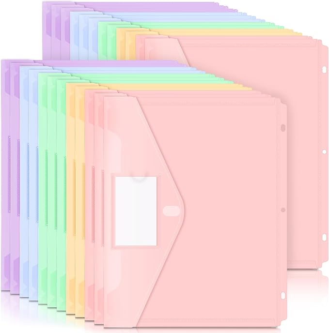 Forvencer Binder Pocket, 24 Pack Super Heavyweight Plastic Folders with Tight Closure, Binder Folders Side Loading, 3 Ring Binder Pocket, Binder Dividers with Pockets, Letter Size, Pastels Series