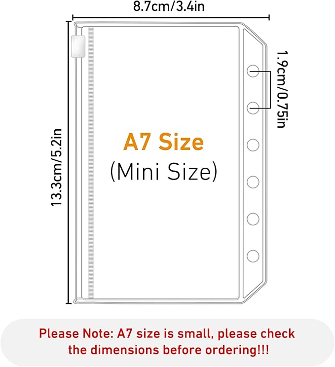 Antner 12pcs A7 Mini Binder Pockets with Zipper, 6 Holes Cash Envelopes for Budgeting, Loose Leaf Bags for A7 6-Ring Budget Wallet Binder, Clear Planner Insert Pouches - 13.3cm x 8.7cm