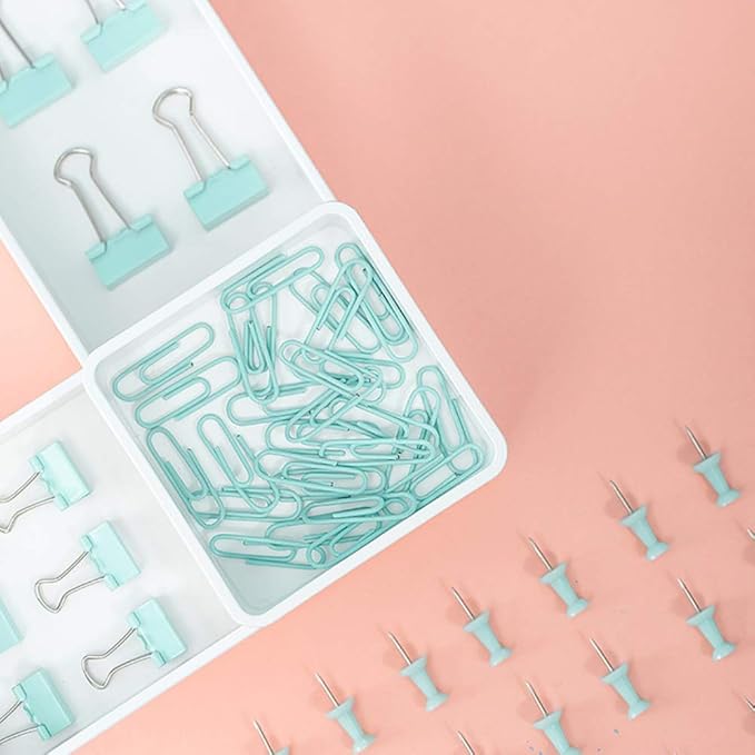Paper Binder and Clips Set, Metal Assorted Sized Binders with Push Pins, Cute Office Supplies, Teacher Desk Must Haves, Cute Desk Accessories, Green, 1 Pack
