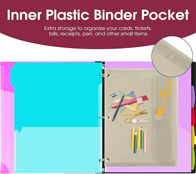 INFUN 1 Inch Telescoping Project Organizer Binder-2PCS,13 Pocket, Customizable Front Cover, 5 Colors Pocket Divider and Plastic Binder Pocket，225 Sheet Capacity-Pink