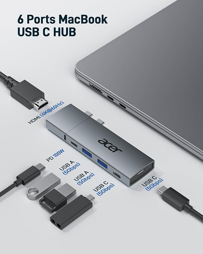 Acer 6 in 2 Detachable USB C Mac HDMI Adapter Multiport Hub Dongle for MacBook Pro/Air M3 M2 M1 13"-16" with 4K@60Hz, Compatible with Thunderbolt 3/4, 100W PD Charging, 2 USBA & 2 USBC 3.0 Data Ports