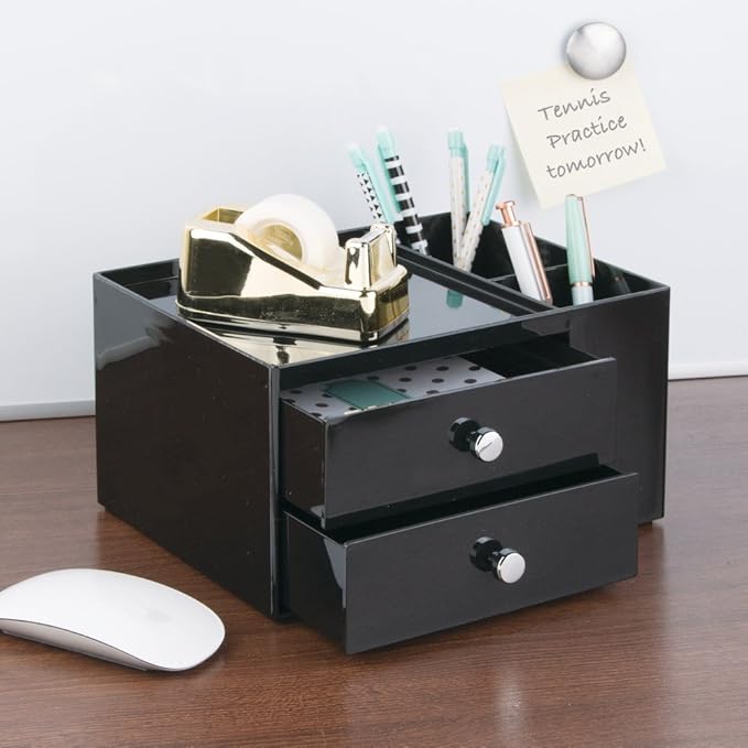 iDesign Office Supplies Desk Organizer, for Staplers, Scissors, Pens, Markers, Highlighters, Notepads - 2 Drawers, Black