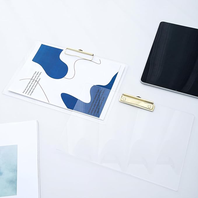 JIARI 4 Pack Clear Acrylic Office Clipboard A4 Letter Size 9.06" x 12.6" (Gold Horizontal 4 Pack)