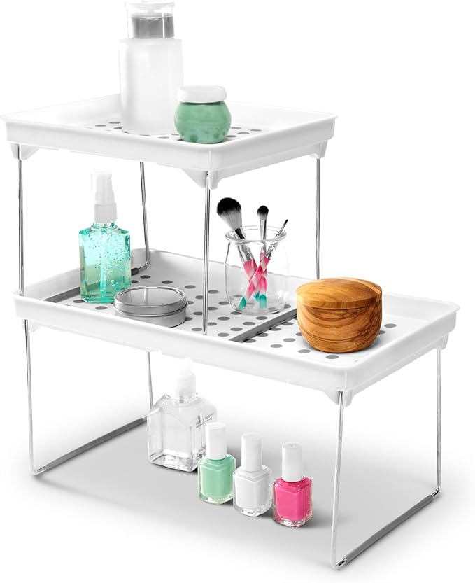madesmart Small Stacking Shelf, Organizer for Spices, Make-Up, Bottles & Jars, Collapsible Legs for Cabinet or Counter Storage, White