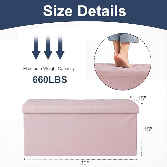 30 Inches Folding Storage Ottoman Bench, Ottoman Foot Rest, Storage Chest, End of Bed Foot Rest Stool with Padded Seat for Living Room, Bedroom, Entryway, Support 660lbs, Linen, Pink