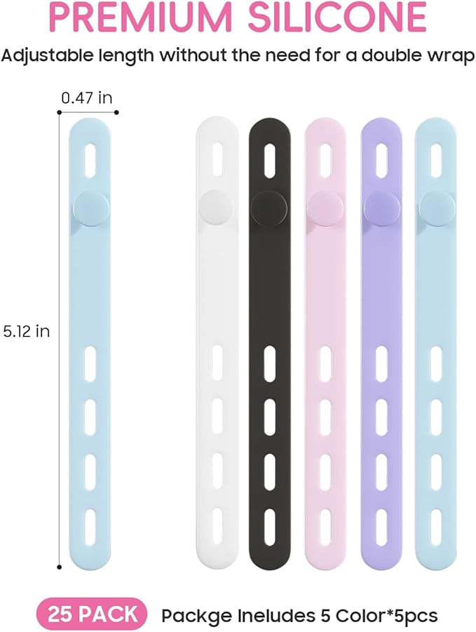 25Pack Silicone Cable Ties,Reusable Cord Organizer for Bundling Electrical Cords,Adjustable Data Cable Organizer Ties,High Elasticity Cable Straps for Home/Office/School/Travel(5 Colors)