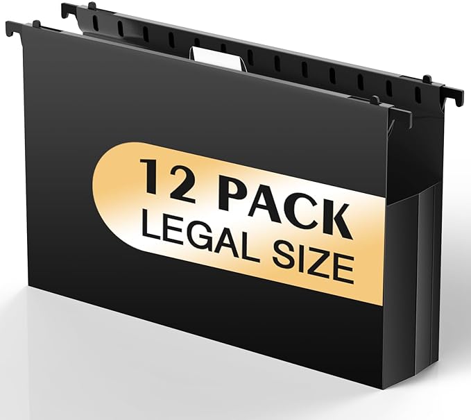 Extra Capacity Legal Size Hanging File Folders,12 Pack Reinforced Plastic Hanging Folder, Heavy Duty 2 Inch Expansion, Filing Cabinet Folders for Bulky Files, Medical Charts, Black