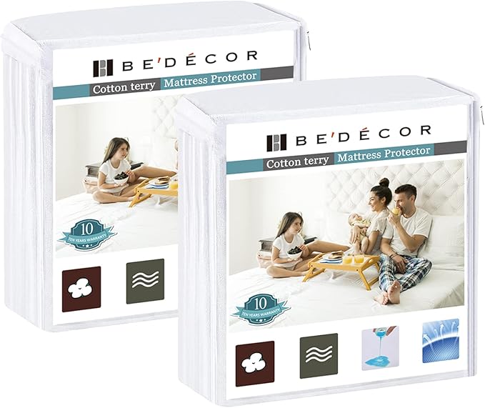 Bedecor 2 Packs Queen Mattress Protector Waterproof Protection Soft Cotton Terry Top Cover,for Babies Pregnant Women Incontinent Persons Deep Pocket to 18"