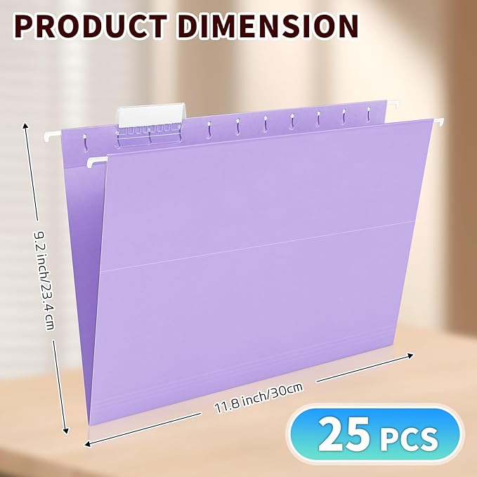 25-Pack Light Purple Hanging File Folders, Letter Size, Includes 35 Transparent Label Cards & 50 Sticker Labels,1/5-Cut Tabs for Home & Office Organization
