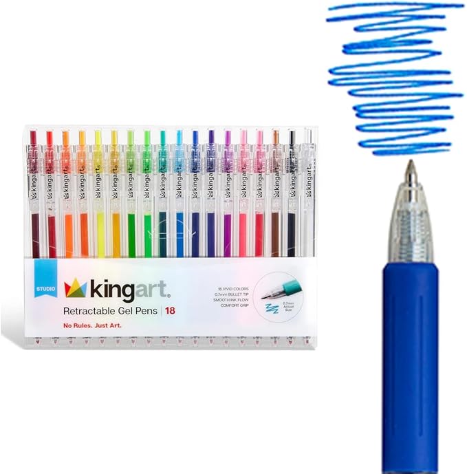 KINGART Retractable Gel Pens, 18-Count Set: Assorted Vibrant Gel Ink Colors for Ultra-Smooth Writing, Adult Coloring, Detailed Art, Journaling, Scrapbooking, and School Supplies.