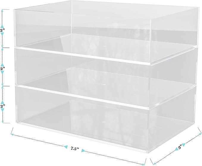 Martha Stewart Brody Desktop Storage Organizer, Stack and Slide Plastic Organizer Tray, Organizer for Office, Kitchen, or Vanity, 3" x 7.5", Clear