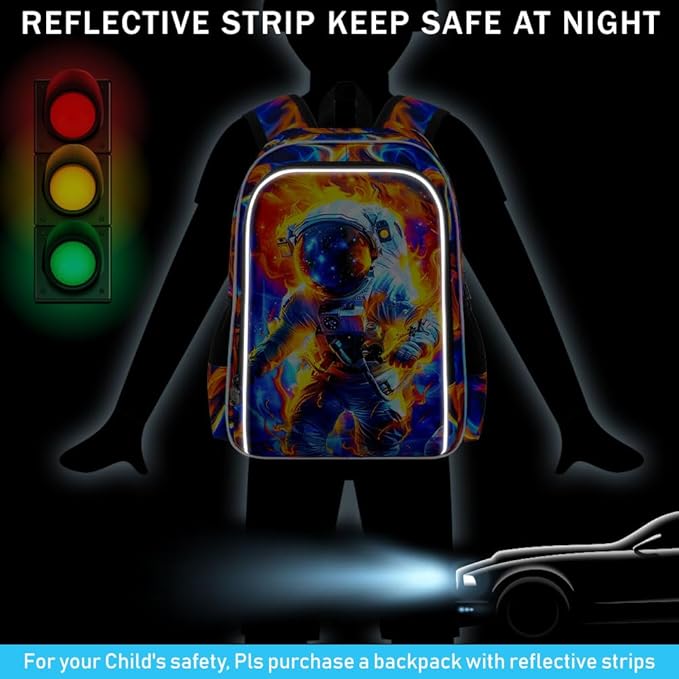 KLFVB 3PCS School Backpack for Kids, 17" Astronaut Backpack and Lunch Box, Water Resistant Teenagers School Backpacks for Middle Elementary - Flame Space Adventure