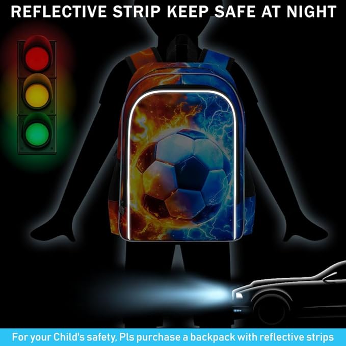 gxtvo 3PCS Soccer Backpack for Kids, 17" Boys Bookbag with Lunch Box, Water Resistant Middle Elementary School Bag - Fire & Lightning Soccer